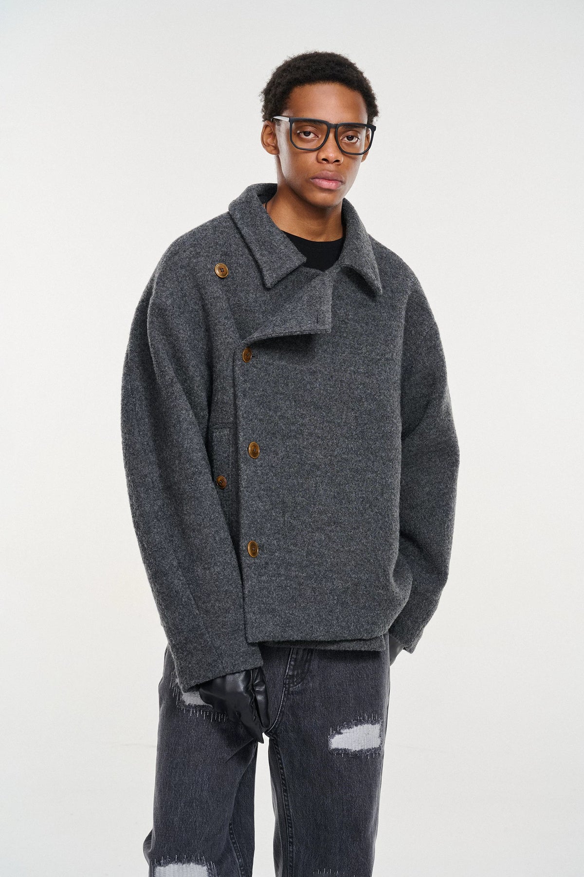Short Wool-Blend Asymmetric Buttoned Coat