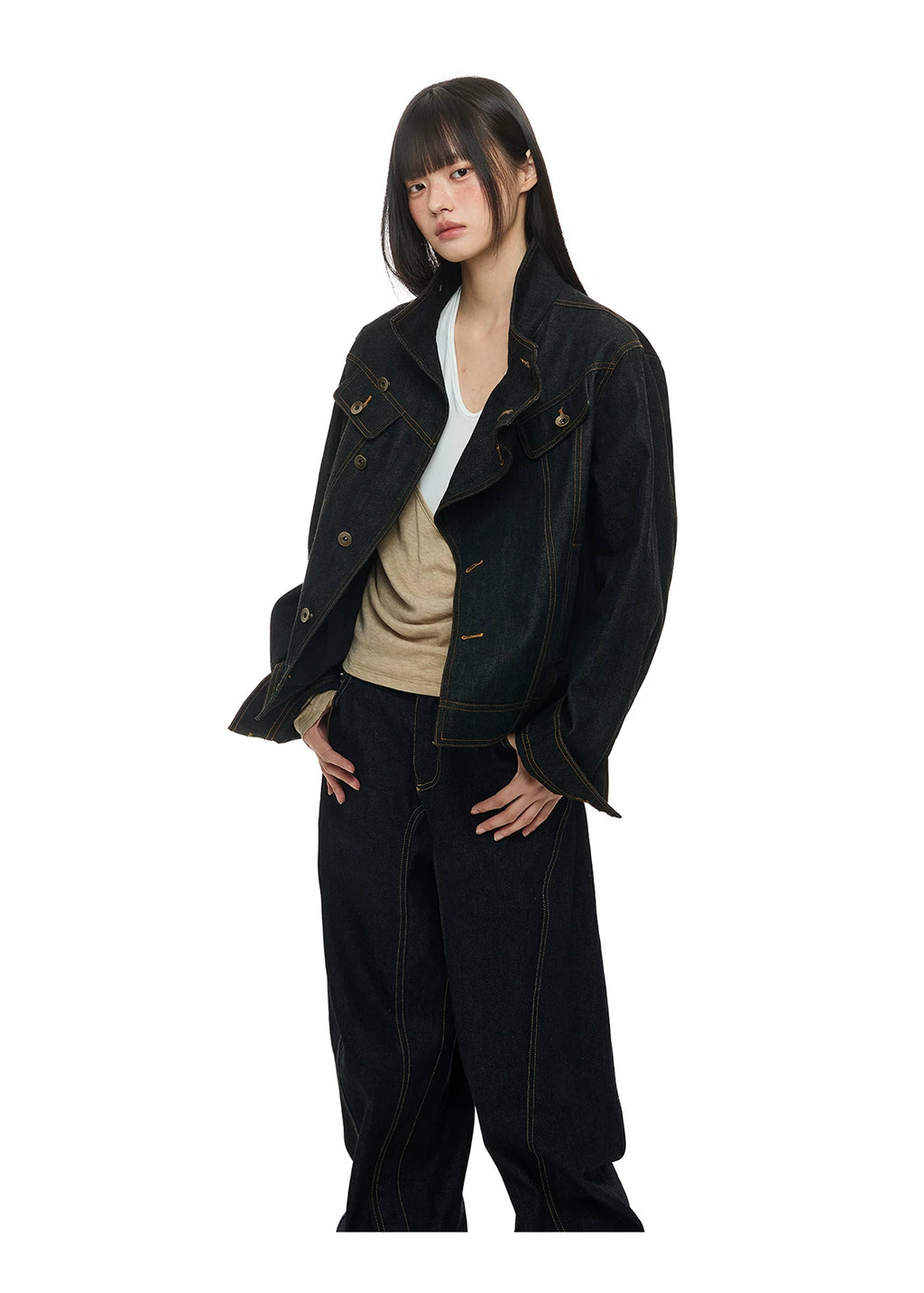 Diagonal Button Denim Jacket