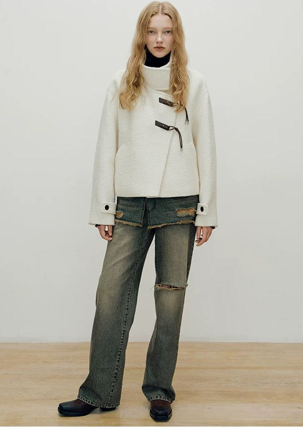 Cropped High-Neck Asymmetric Jacket with Toggle Closures