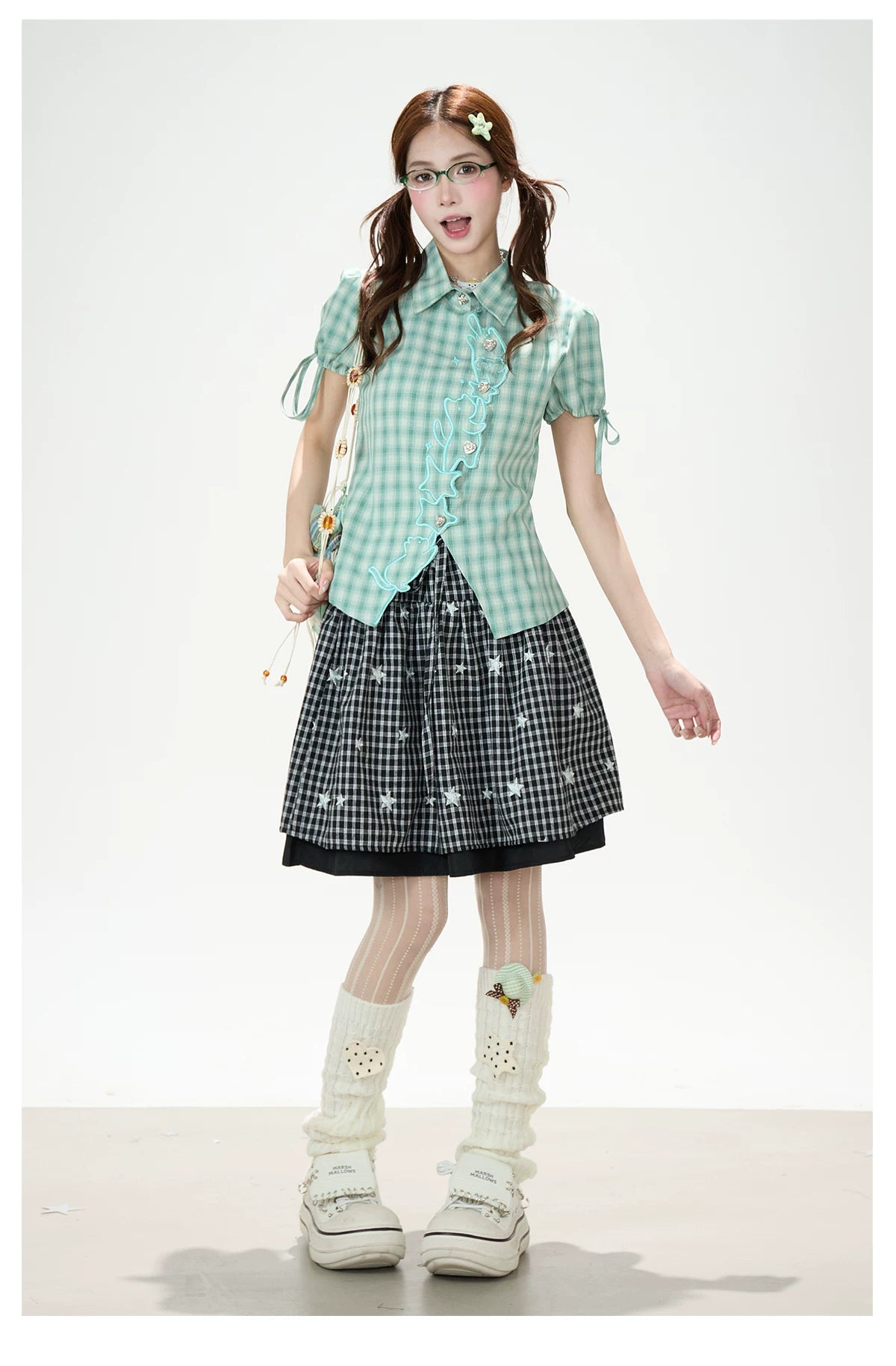 Asymmetric Wavy-Trim Plaid Short-Sleeve Blouse