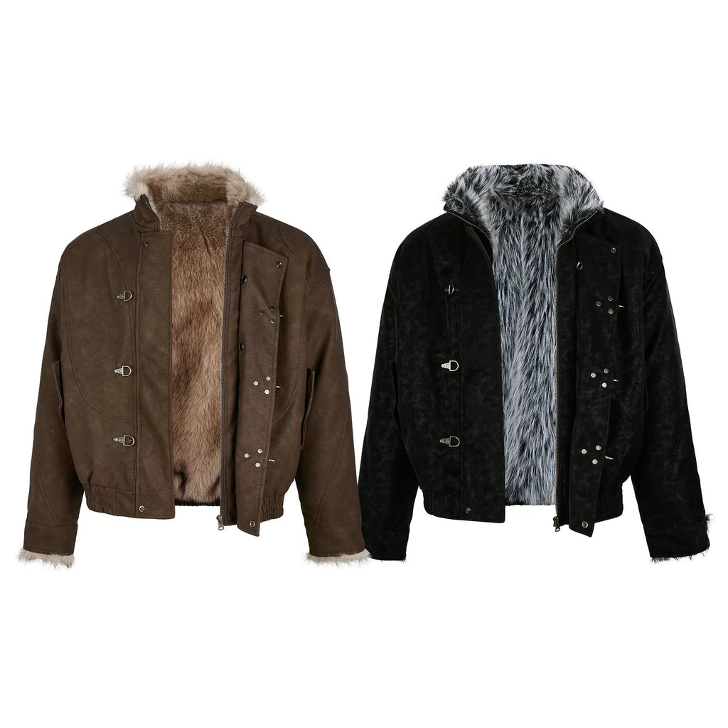 Fireman Clip Fur-Lined Suede Utility Bomber Jacket