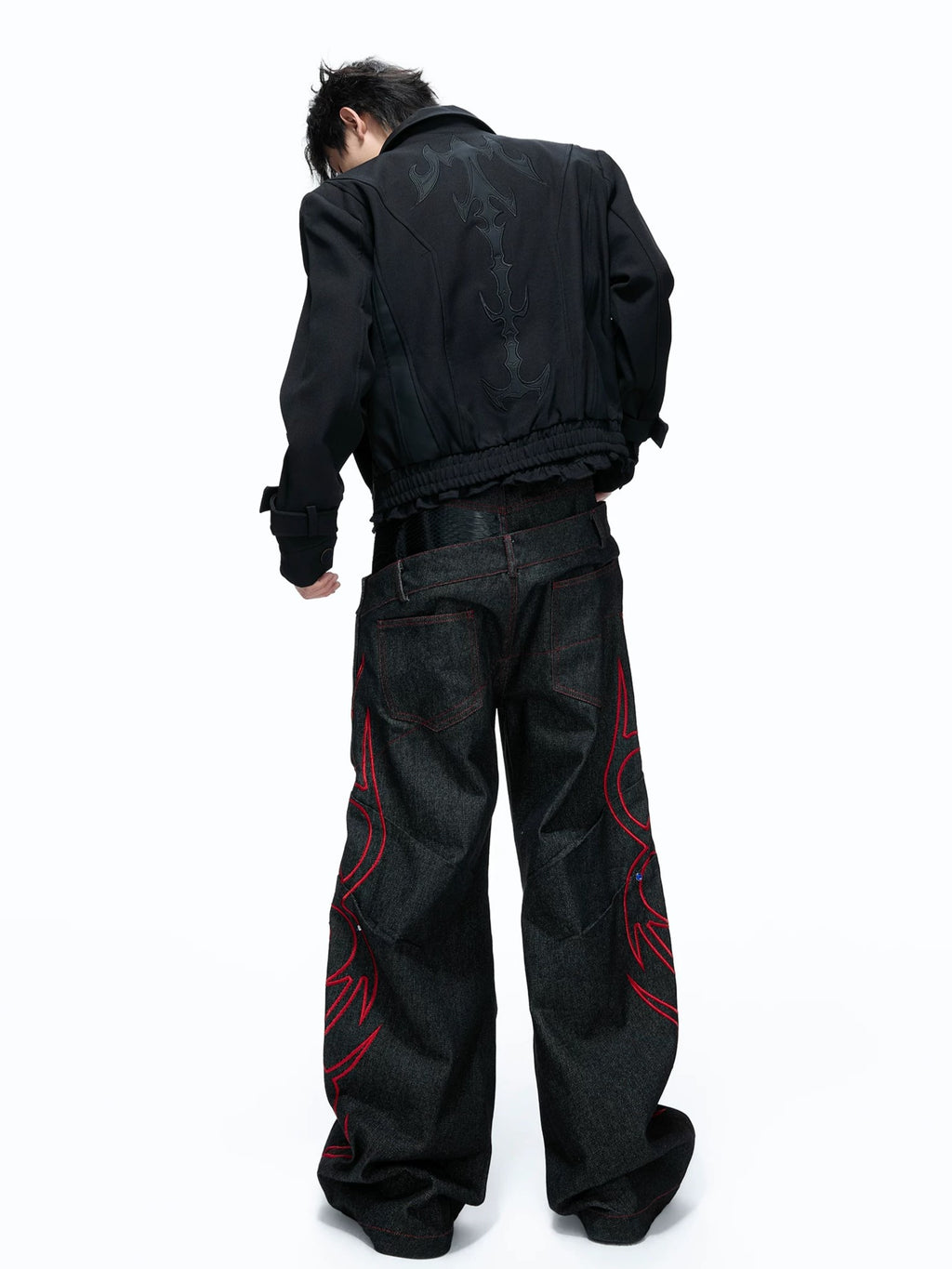 Gothic Tribal Embroidered Articulated Wide-Leg Jeans