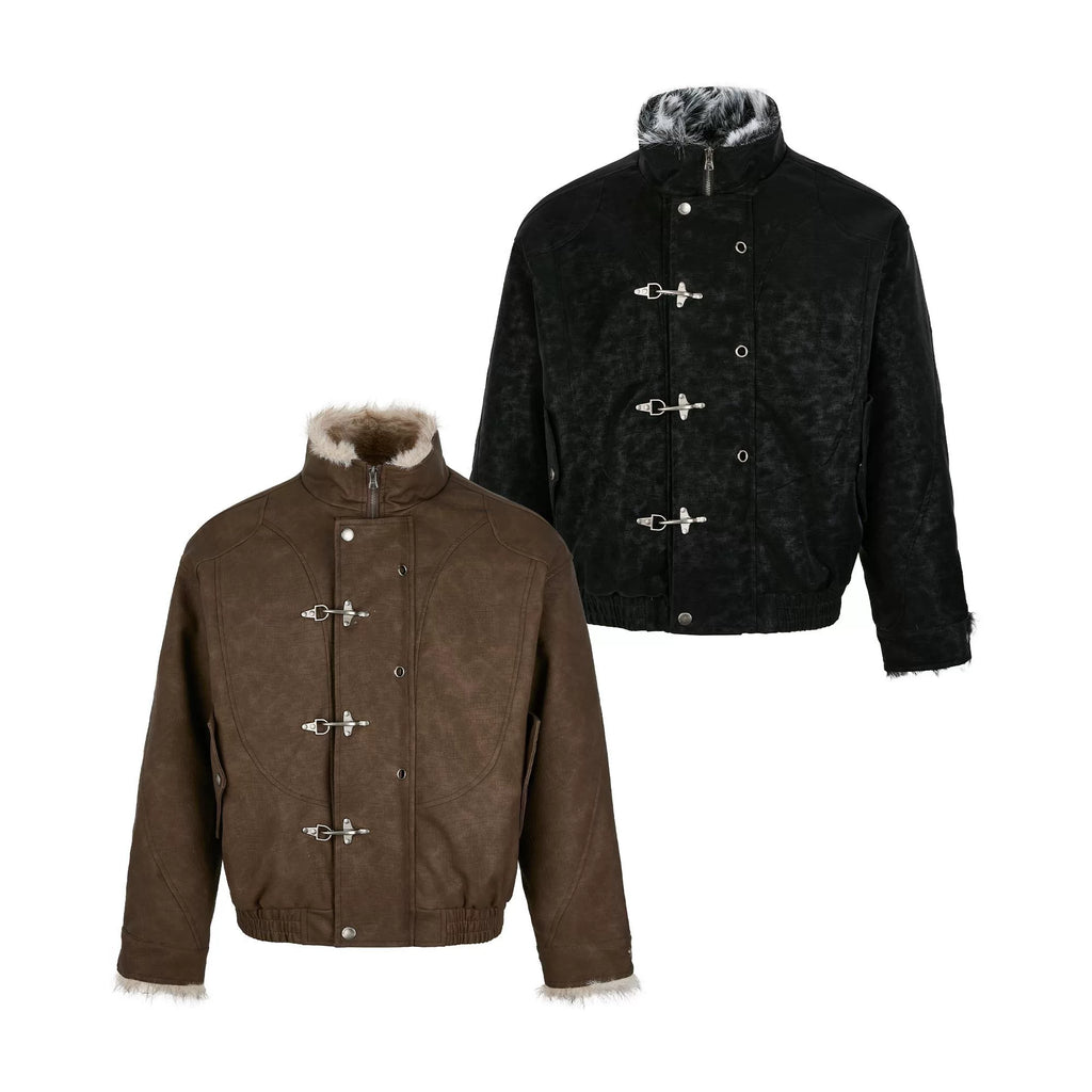 Fireman Clip Fur-Lined Suede Utility Bomber Jacket