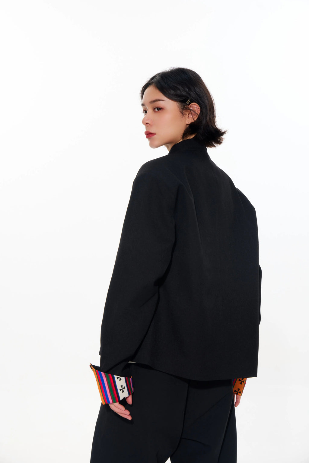 Mandarin-Collar Metal-Clasp Jacket with Contrast Cuffs