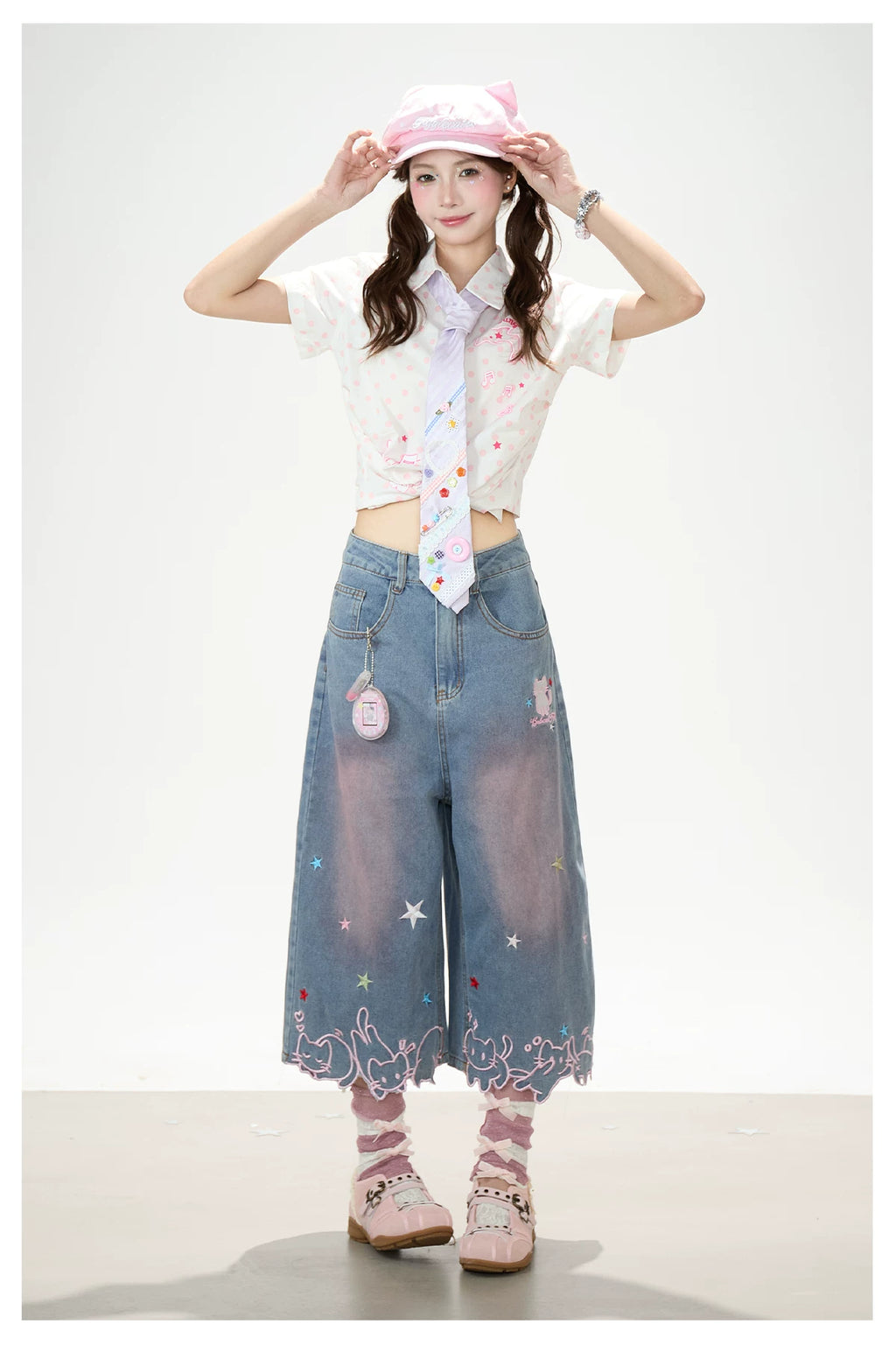 Y2K Harajuku Star & Cat Embroidered Capri Jeans