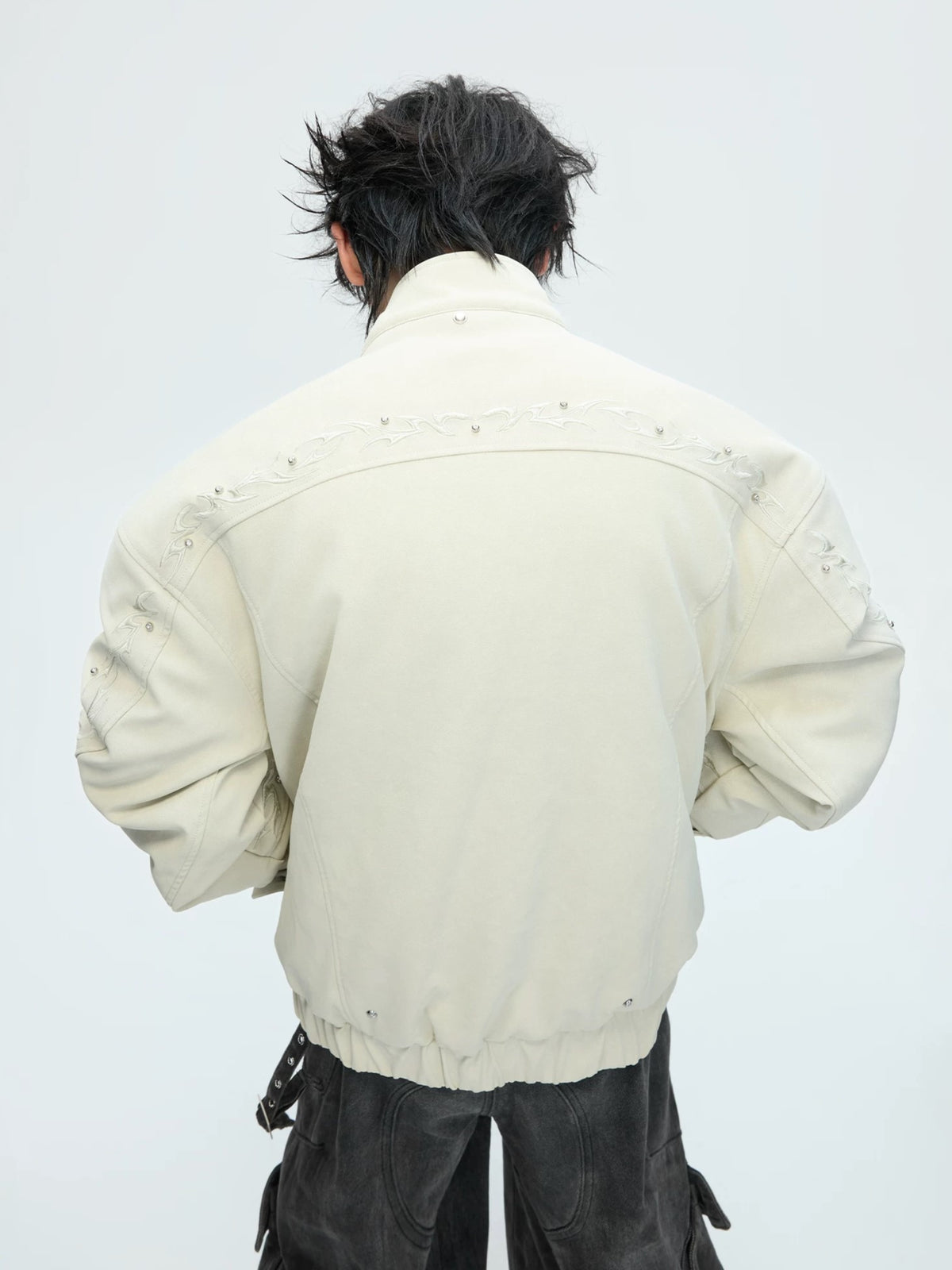 Detachable Fur-Collar Studded Utility Bomber Jacket