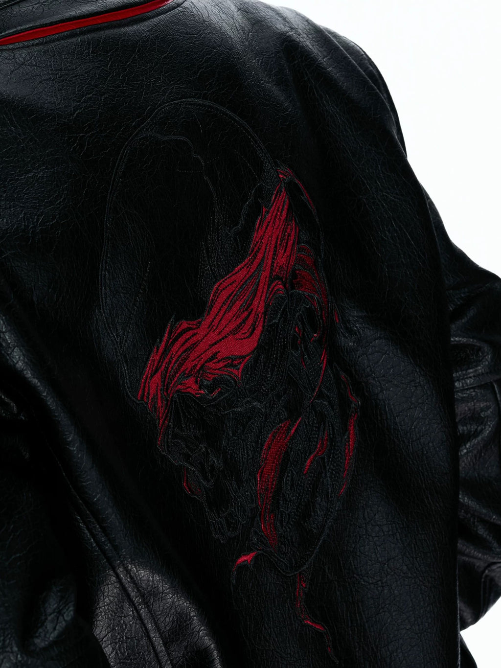 Embroidered Leather Band-Collar Biker Jacket