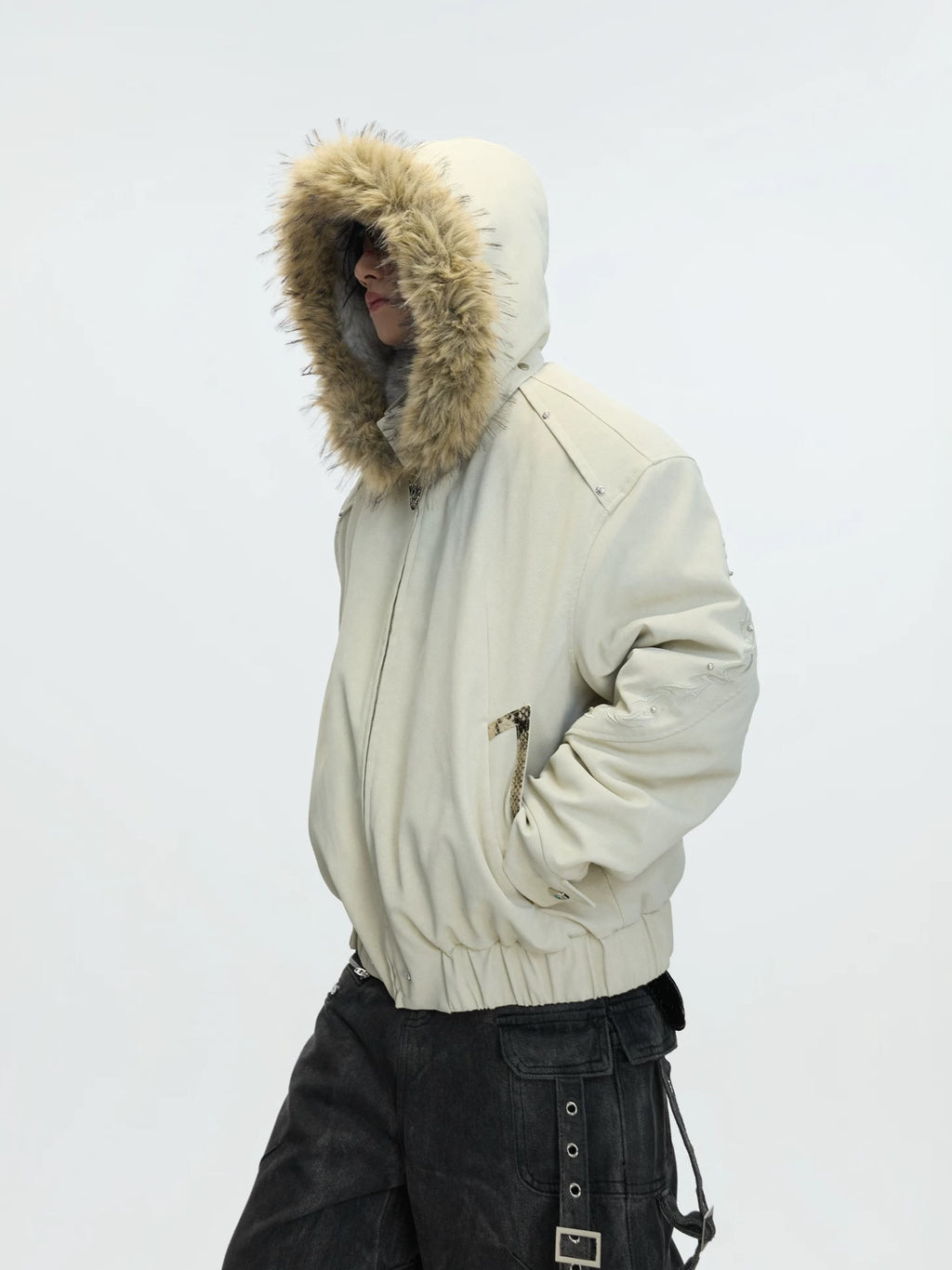 Detachable Fur-Collar Studded Utility Bomber Jacket
