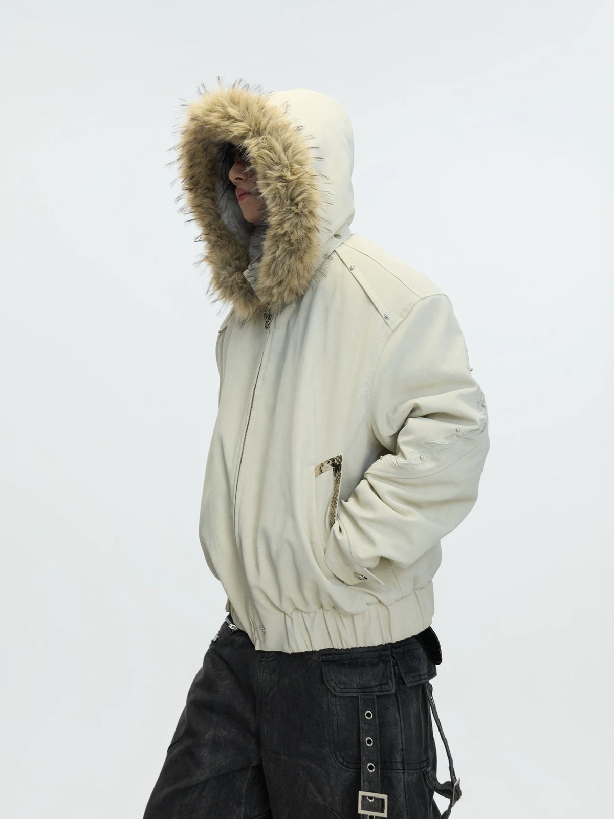Detachable Fur-Collar Studded Utility Bomber Jacket