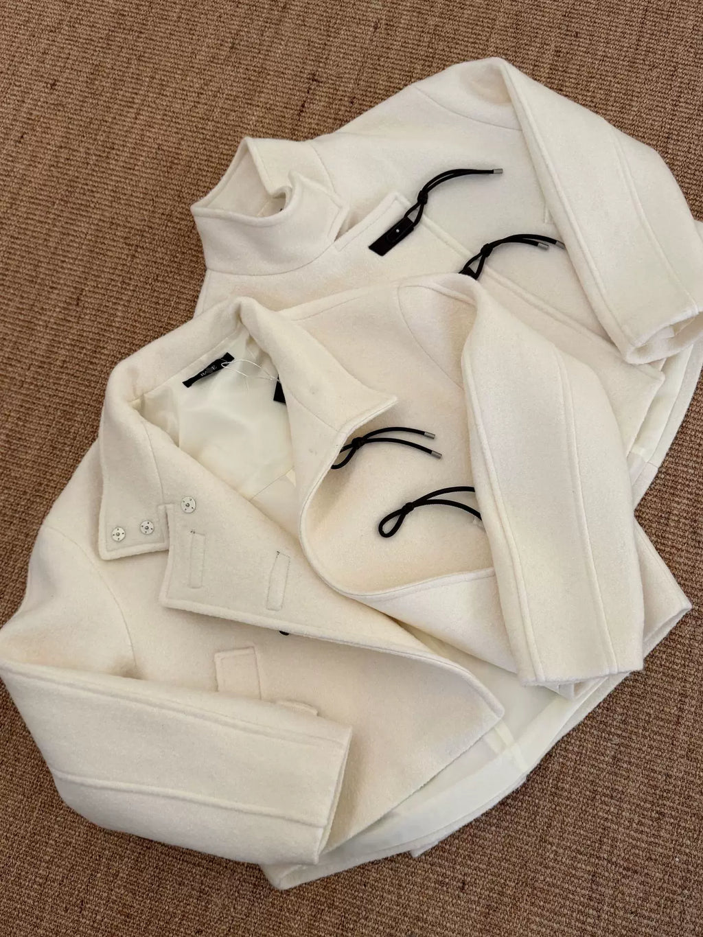 Cropped High-Neck Asymmetric Jacket with Toggle Closures