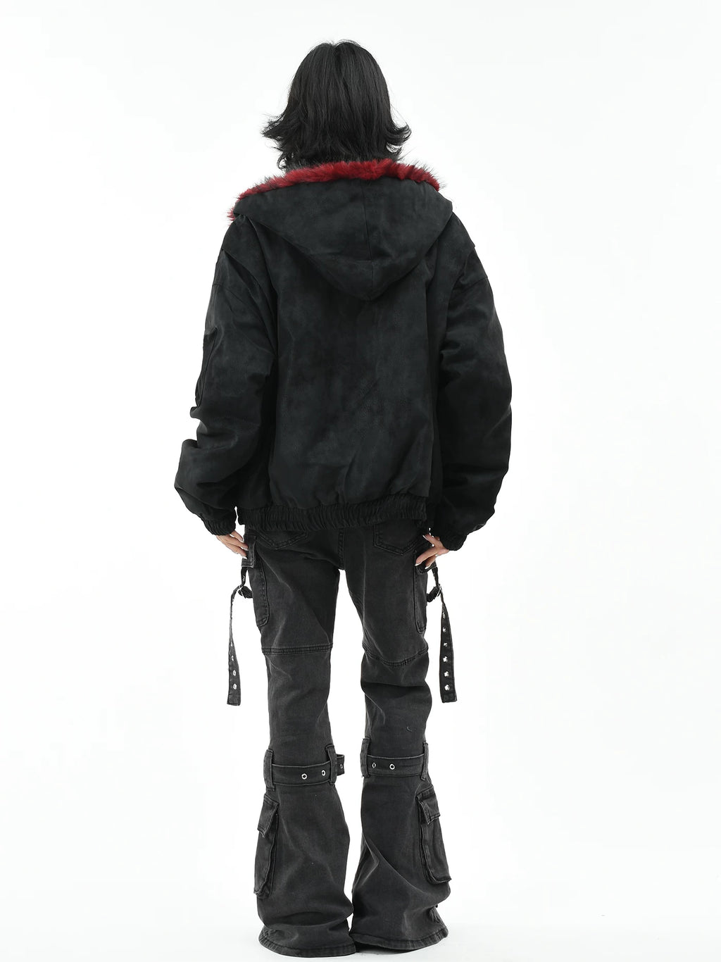Fur-Trimmed Hooded Suede Utility Bomber Jacket