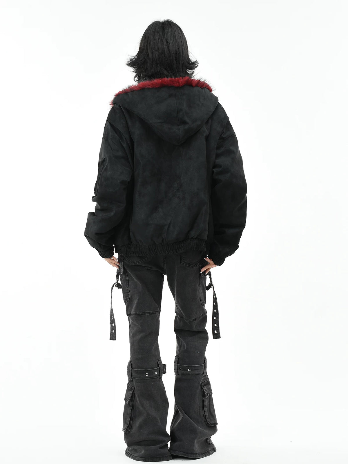 Fur-Trimmed Hooded Suede Utility Bomber Jacket