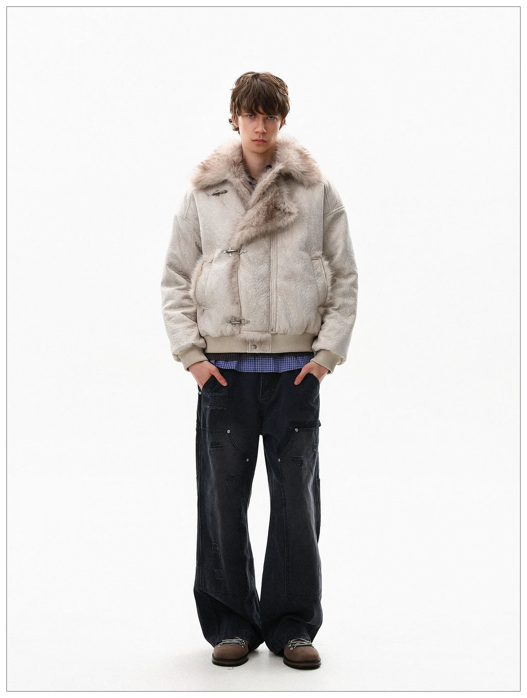 Gothic Fur-Lined Fireman Buckle Bomber Jacket