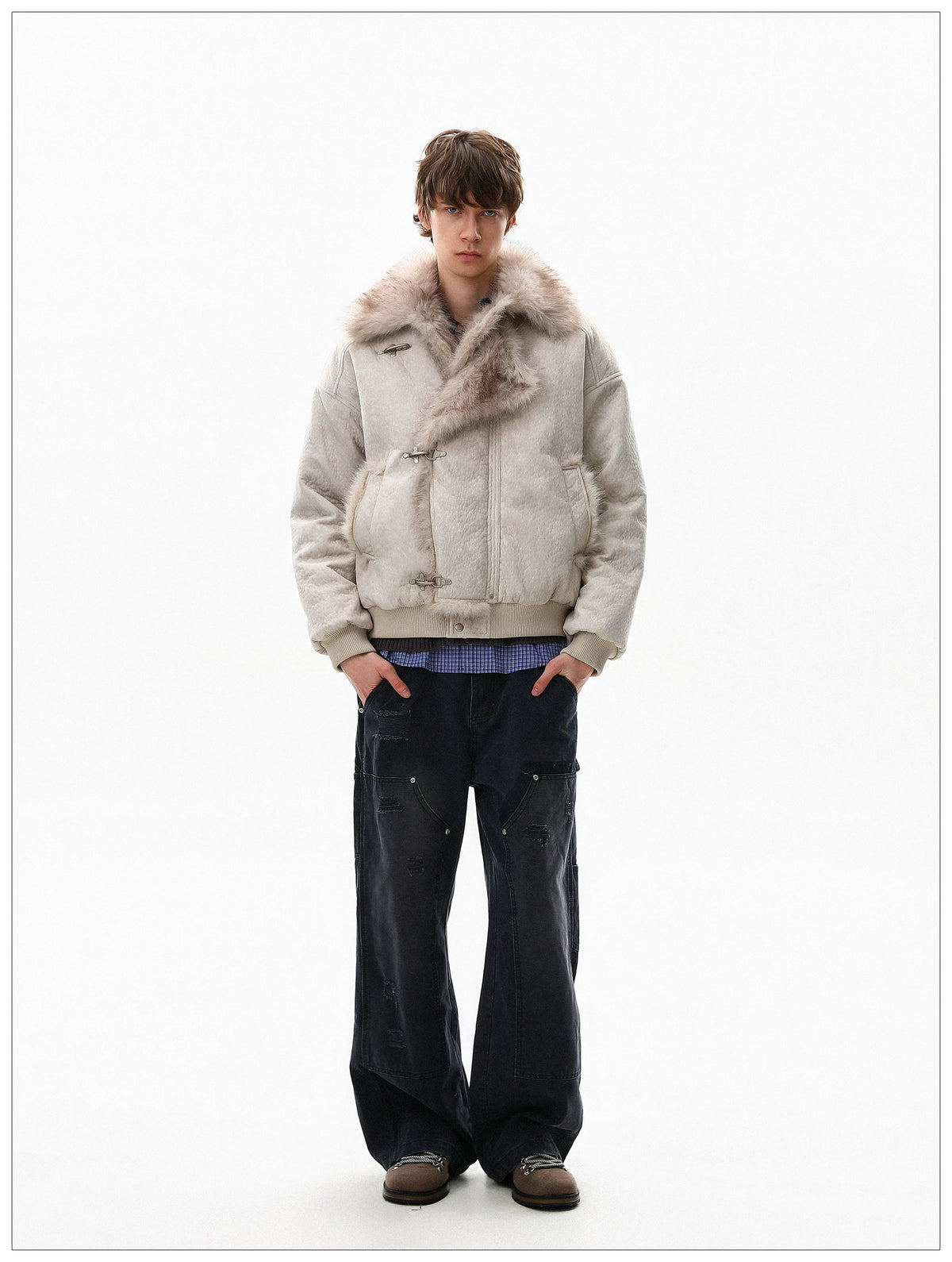 Gothic Fur-Lined Fireman Buckle Bomber Jacket