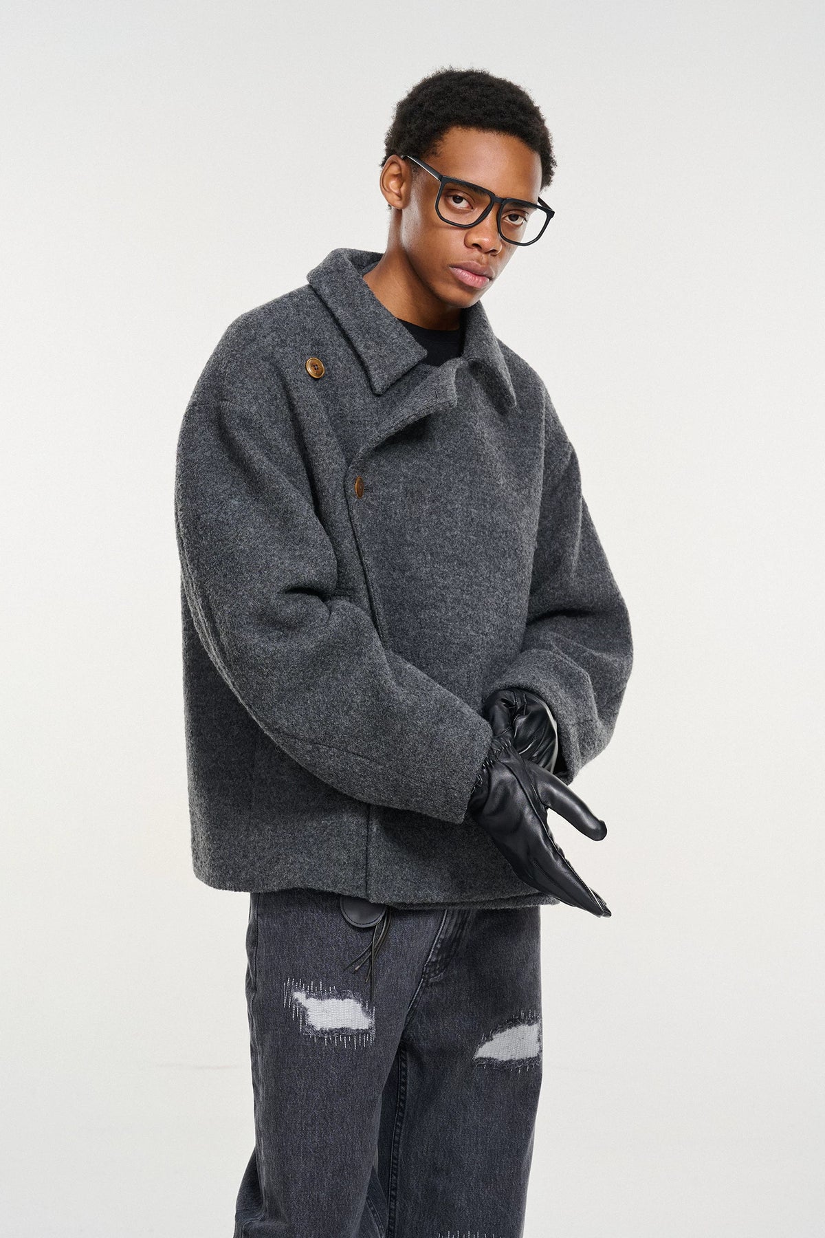 Short Wool-Blend Asymmetric Buttoned Coat