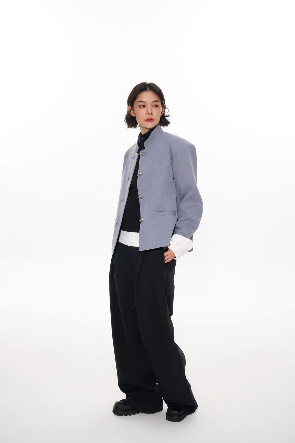 Mandarin-Collar Metal-Clasp Jacket with Contrast Cuffs