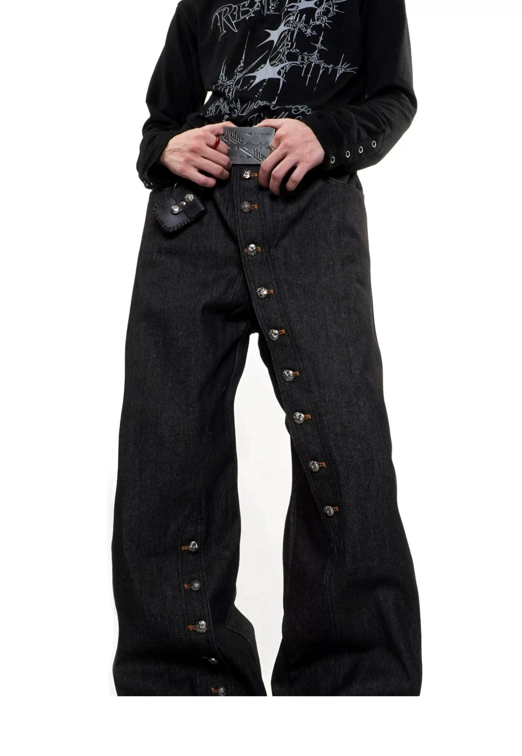 Diagonal Button-Closure Wide-Leg Jeans