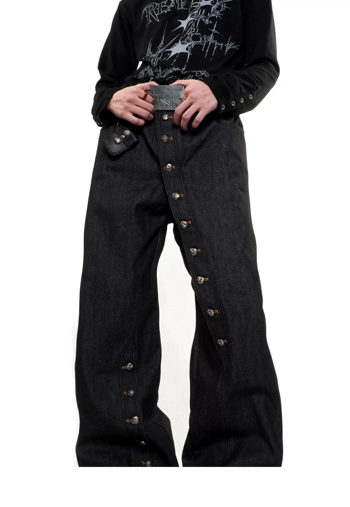 Diagonal Button-Closure Wide-Leg Jeans
