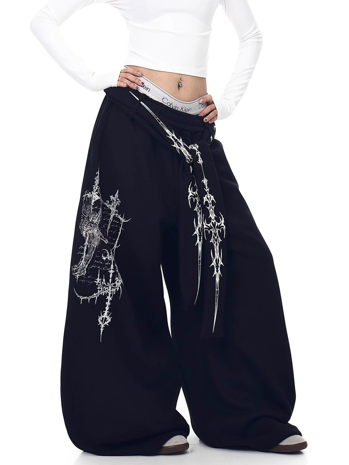 Cyber-Sigilism Graphic Ribbon Wide-Leg Sweatpants