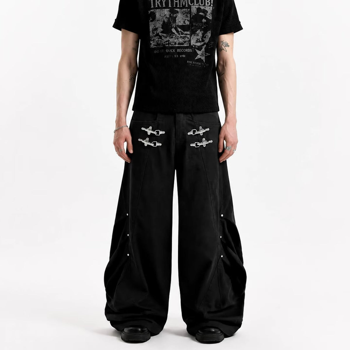 Dual Fireman Clip Riveted Pleated Wide-Leg Trousers