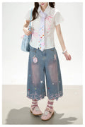 Y2K Harajuku Star & Cat Embroidered Capri Jeans
