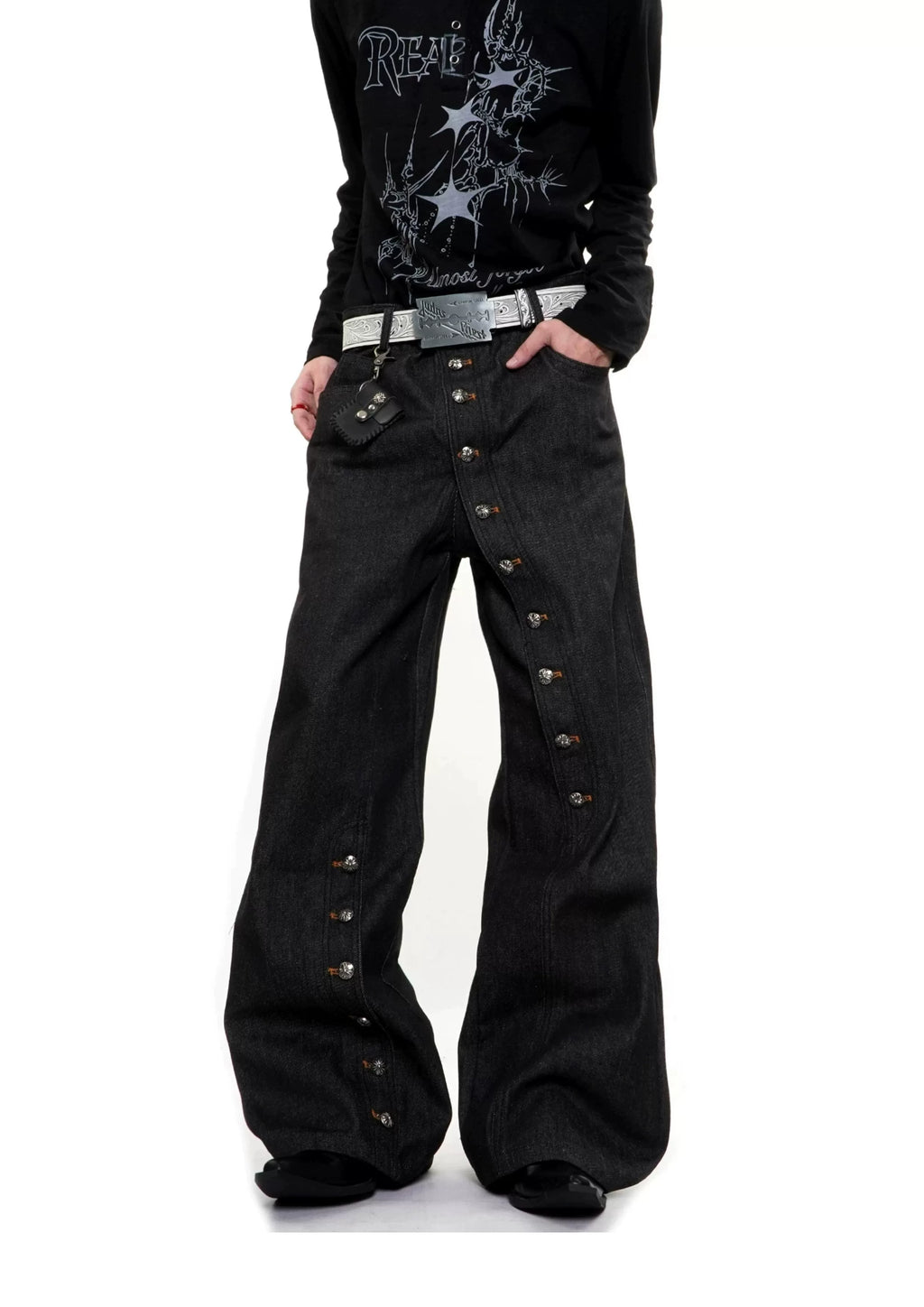Diagonal Button-Closure Wide-Leg Jeans