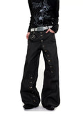 Diagonal Button-Closure Wide-Leg Jeans