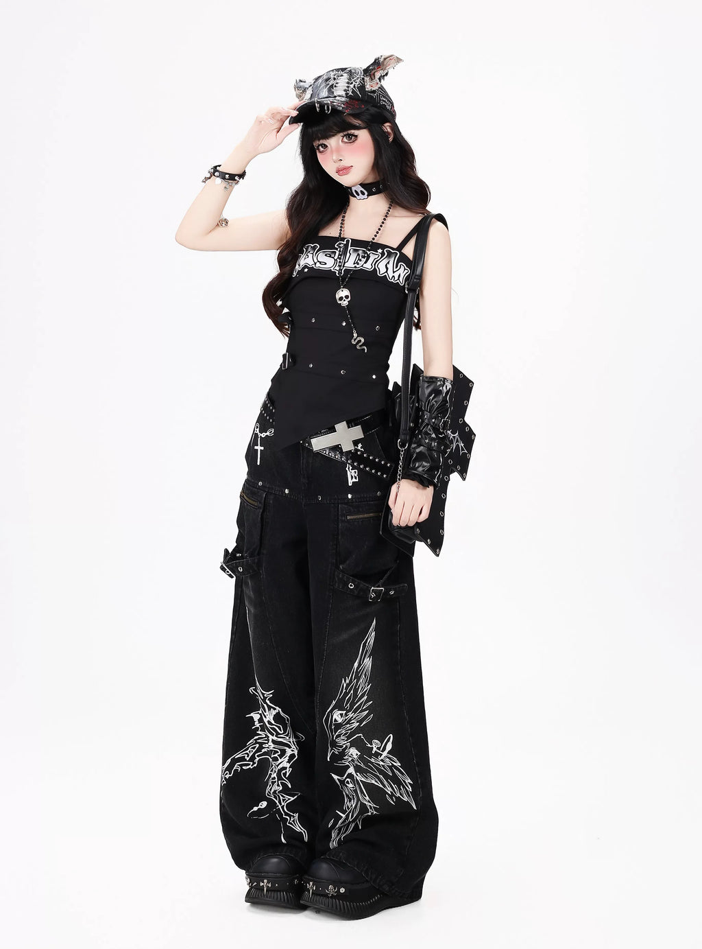 Gothic Cross-Key Graphic Strap-Detailed Cargo Jeans