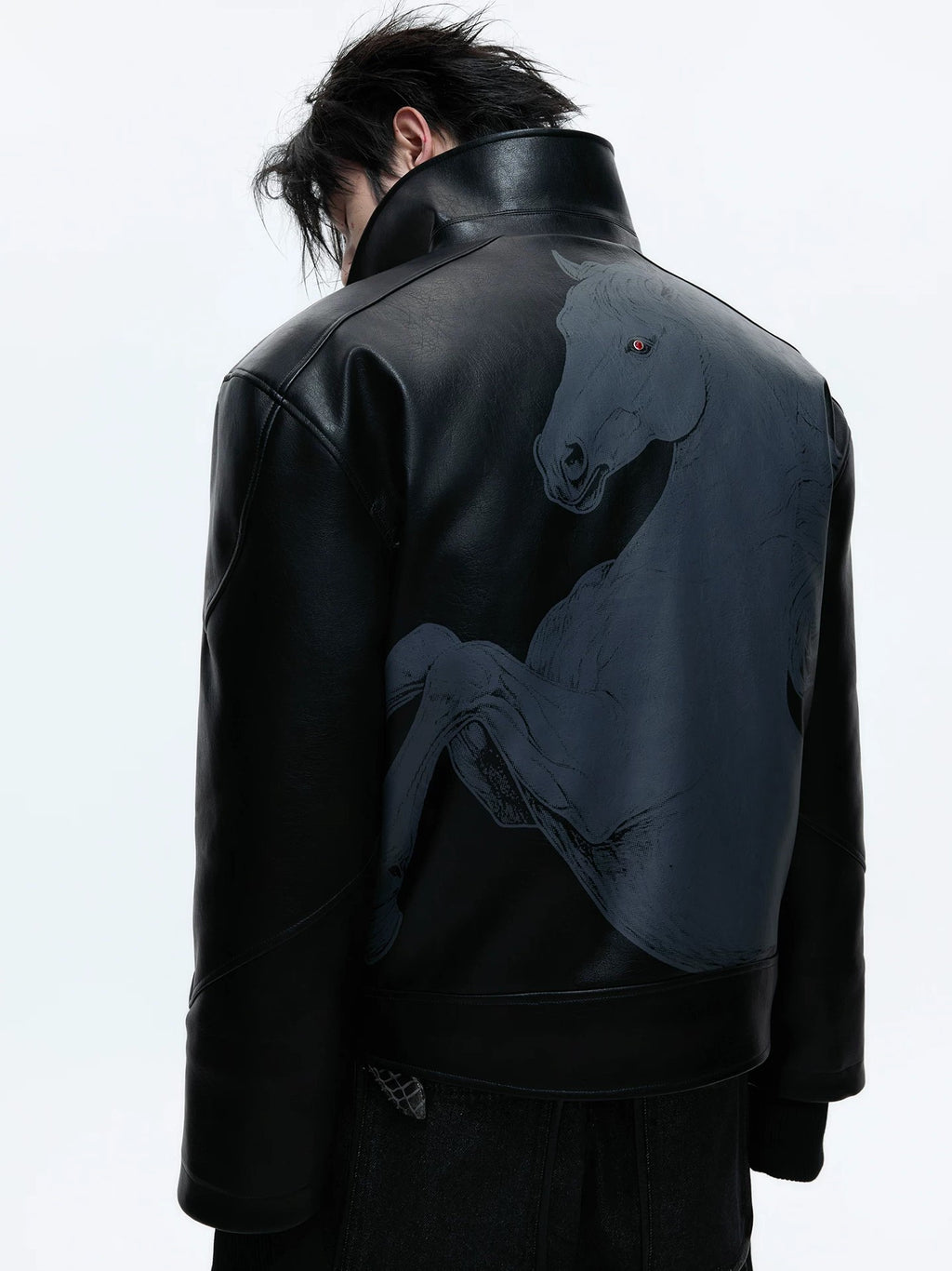 Embroidered Horse Back Leather Moto Jacket