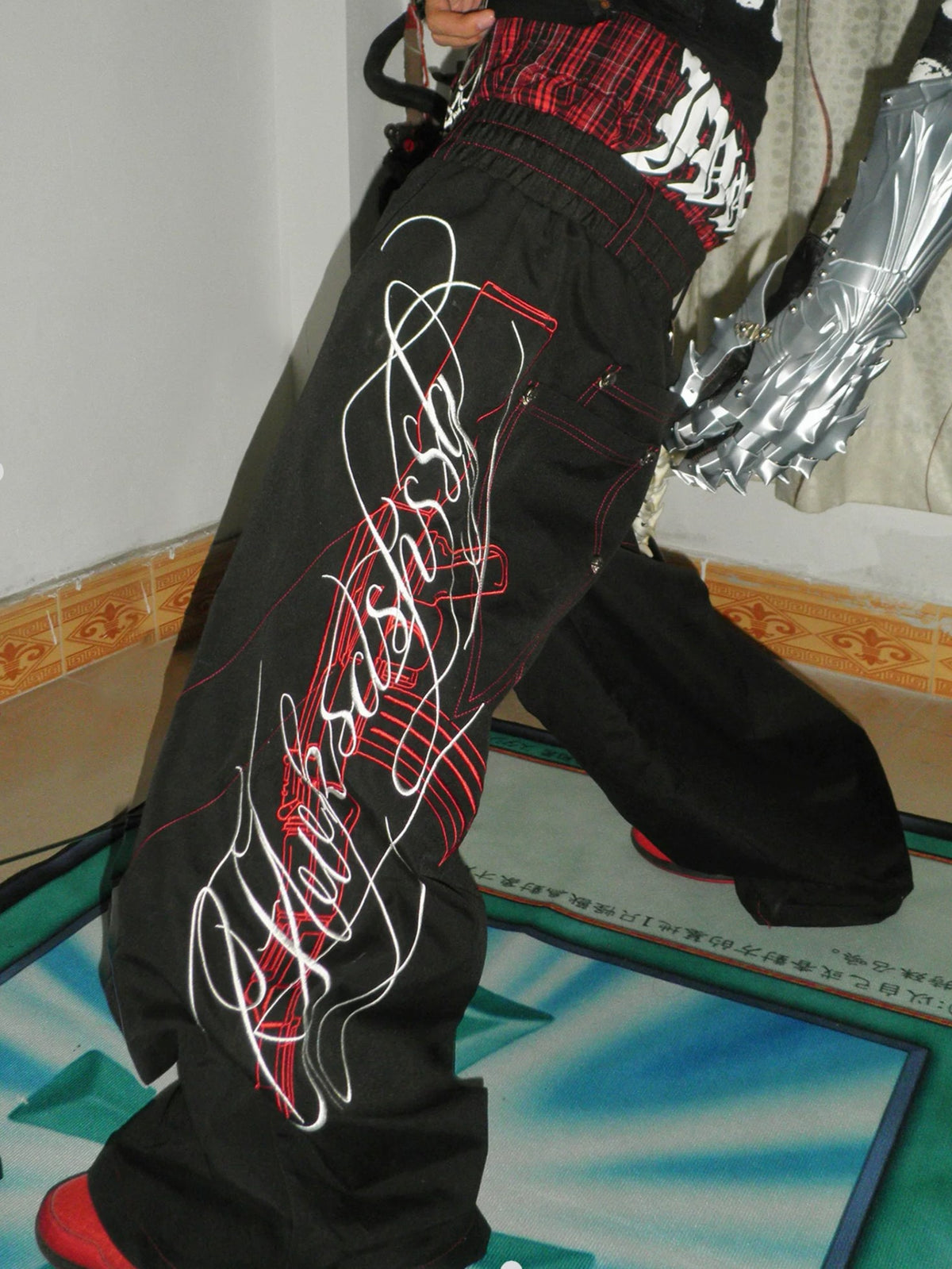 Darkwear Tribal Script Red-Piping Wide-Leg Trousers