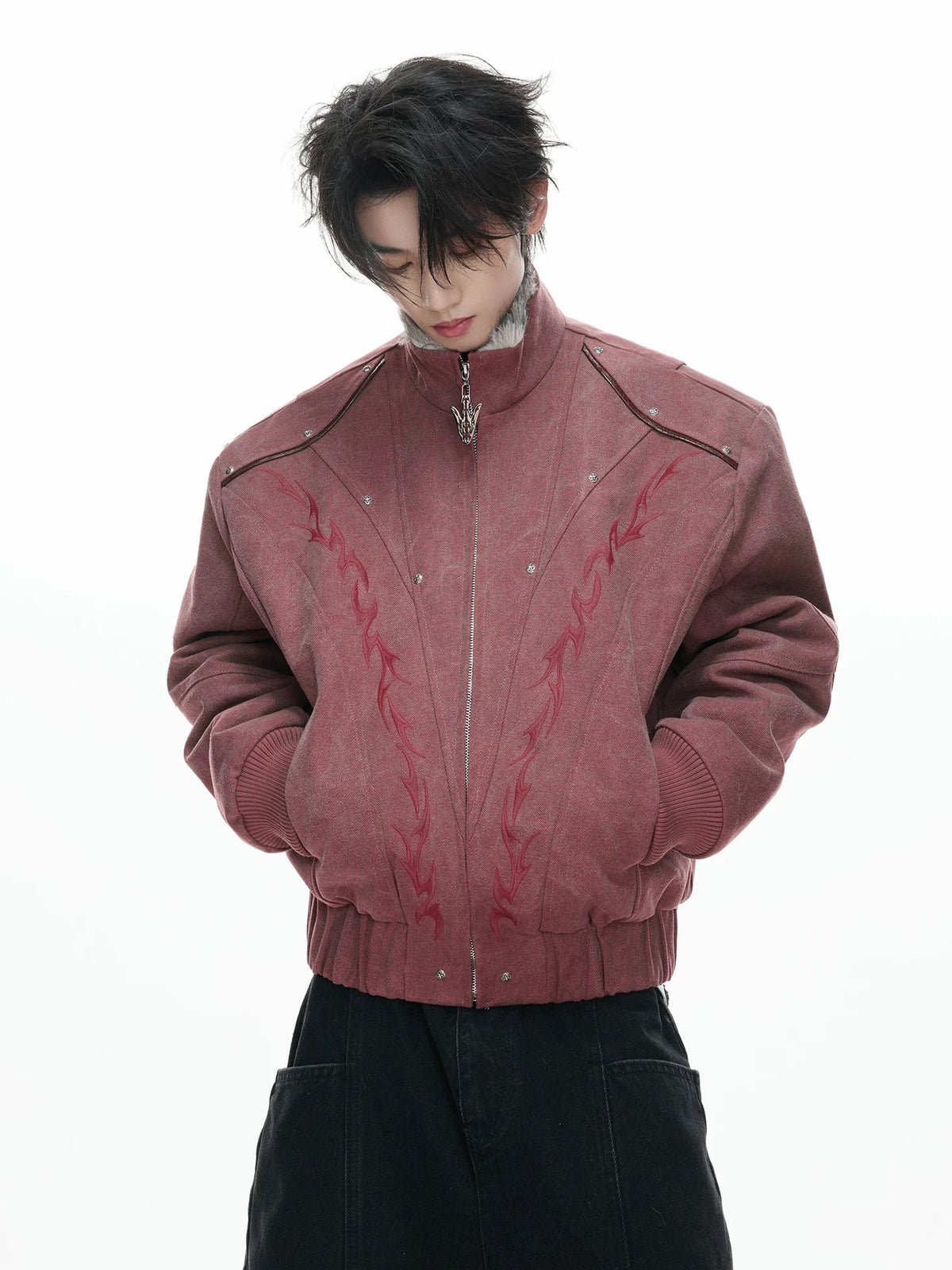 Faux-Fur Collar Tribal Embroidered Zip Jacket