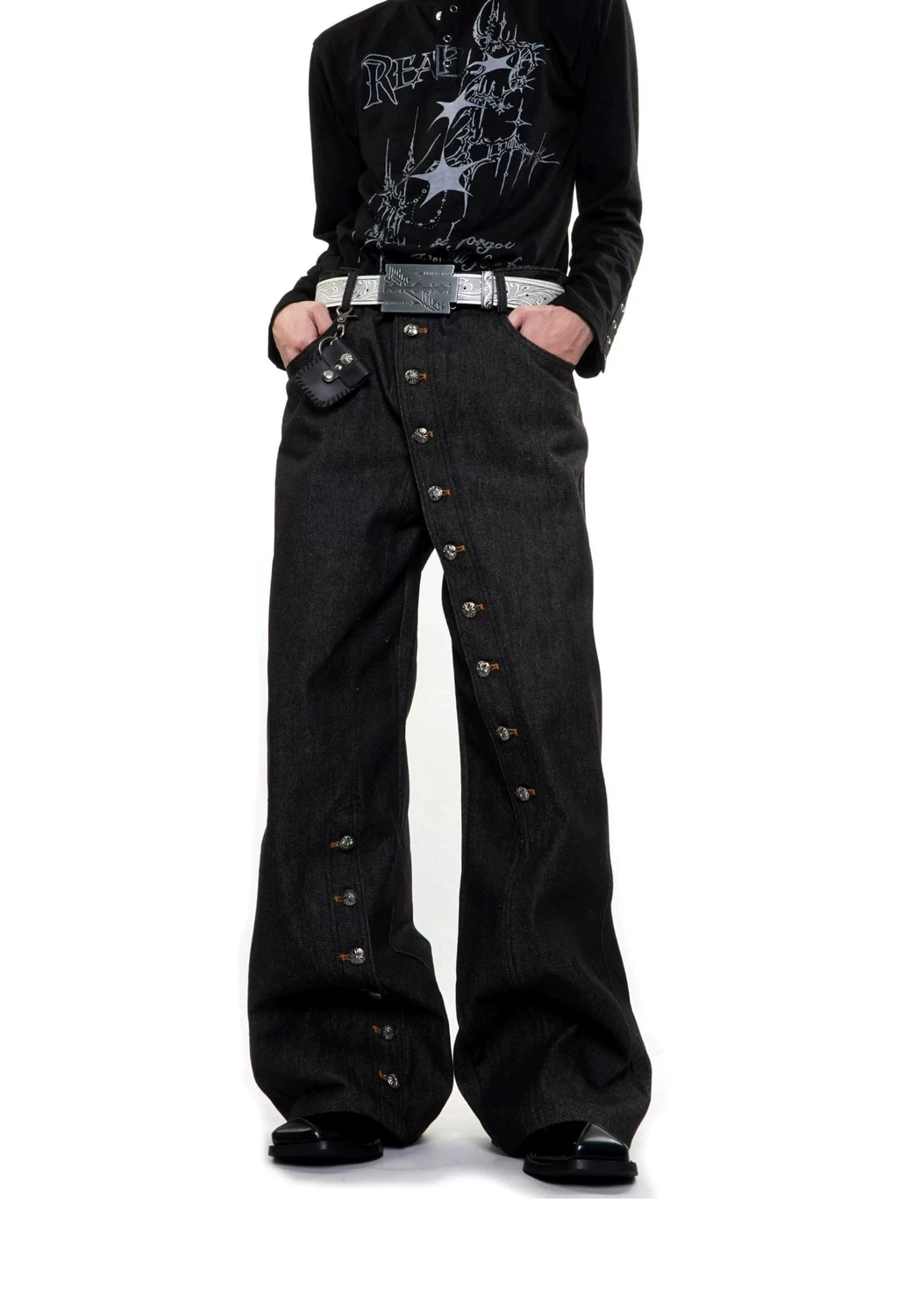 Diagonal Button-Closure Wide-Leg Jeans