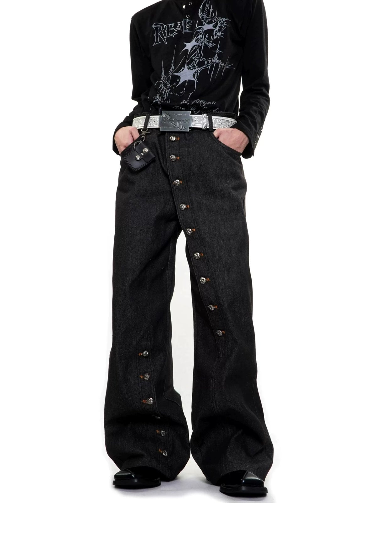 Diagonal Button-Closure Wide-Leg Jeans