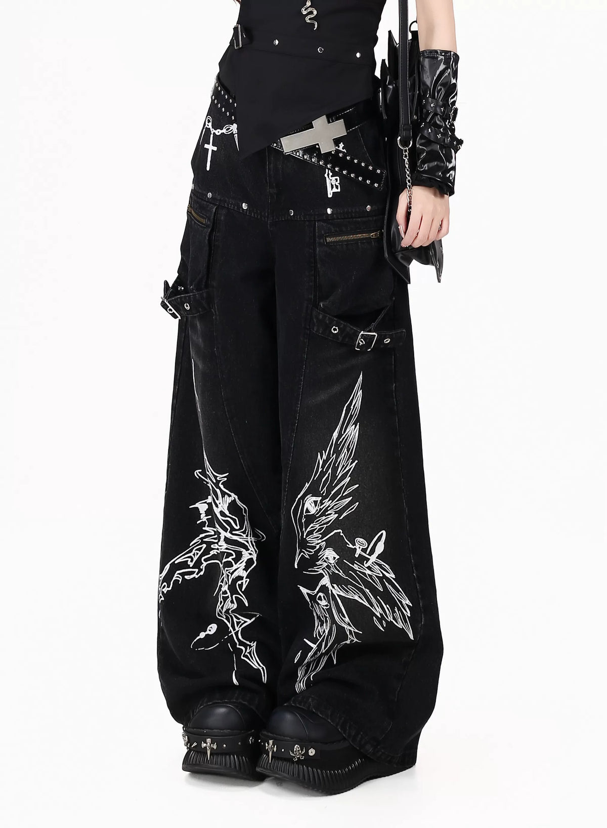 Gothic Cross-Key Graphic Strap-Detailed Cargo Jeans