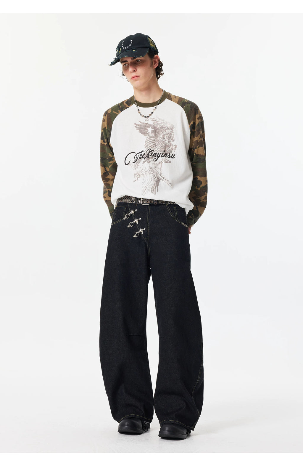 Fireman Clip Asymmetric Wide-Leg Denim Jeans