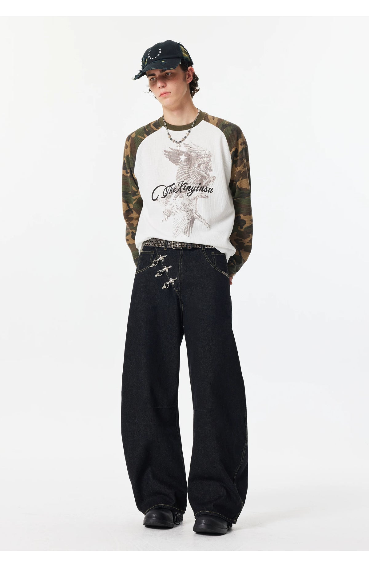 Fireman Clip Asymmetric Wide-Leg Denim Jeans