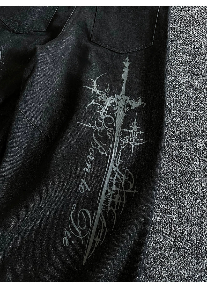 Gothic Cross Wide-Leg Jeans