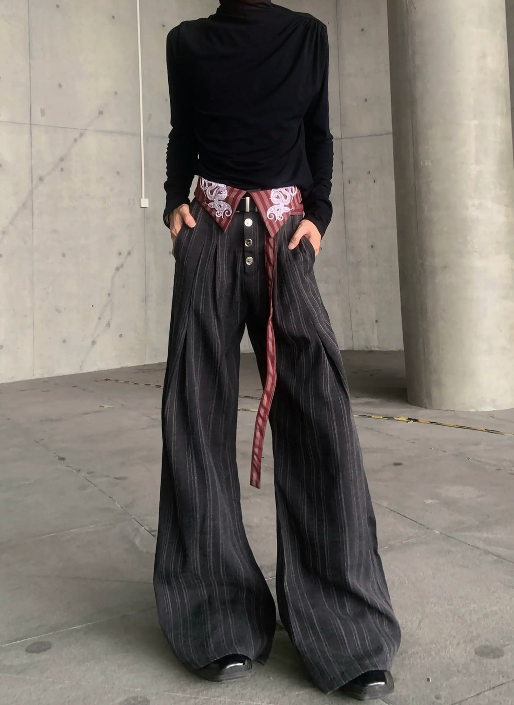 Embroidered Pinstripe Fold-Over Trousers
