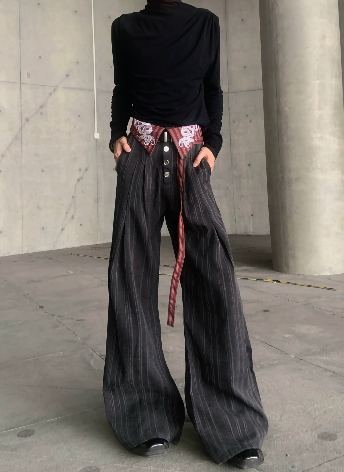 Embroidered Pinstripe Fold-Over Trousers