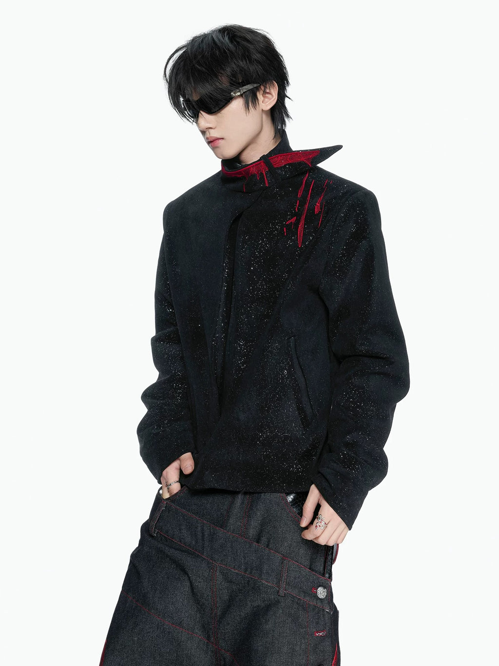 Gothic Crimson-Accented Textured Zip-Up Jacket