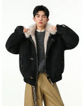 Fireman Clip Fur-Lined Suede Utility Bomber Jacket