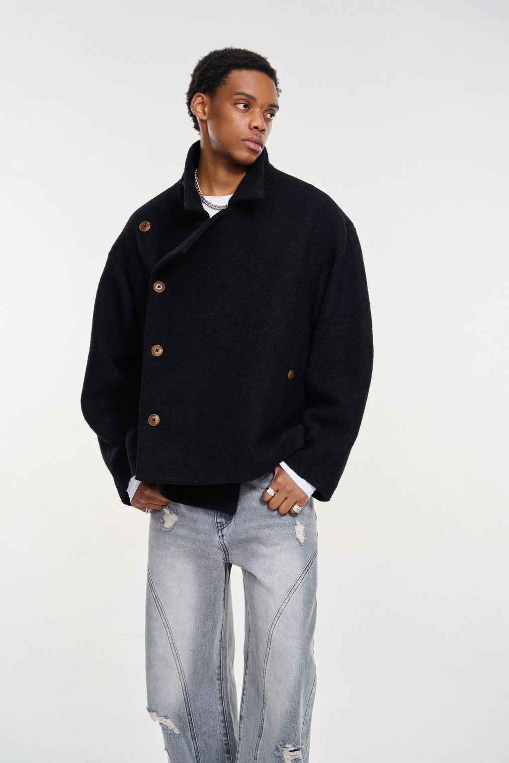 Short Wool-Blend Asymmetric Buttoned Coat