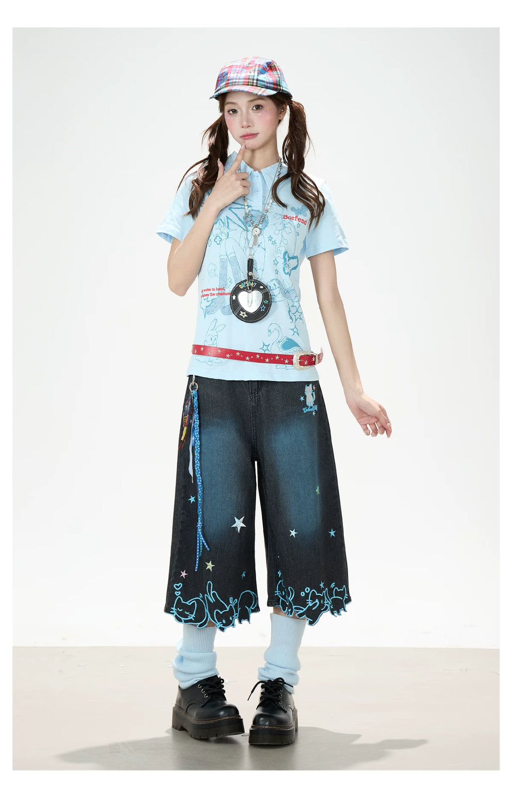 Y2K Harajuku Star & Cat Embroidered Capri Jeans