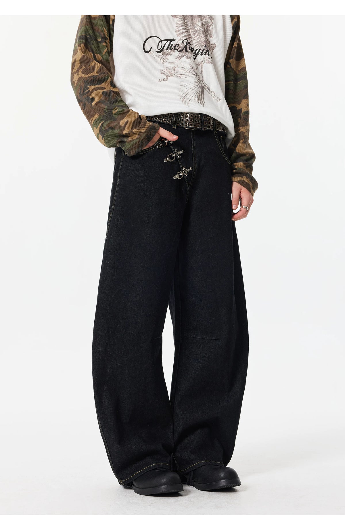 Fireman Clip Asymmetric Wide-Leg Denim Jeans