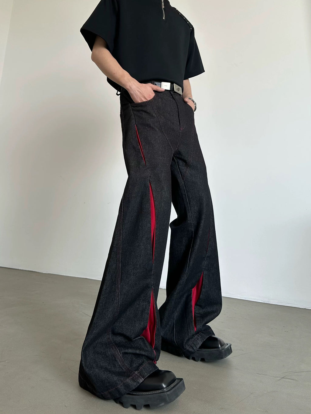 Cyberpunk Articulated Panel Wide-Leg Jeans