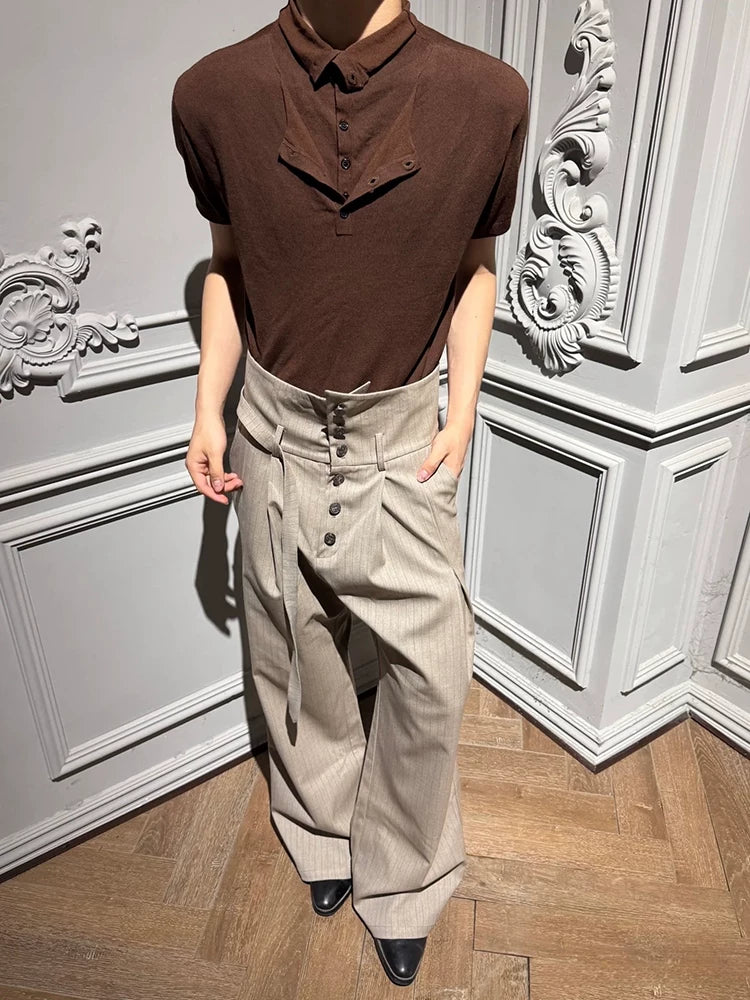 Embroidered Fold-Over Lapel Pinstripe Wide-Leg Trousers