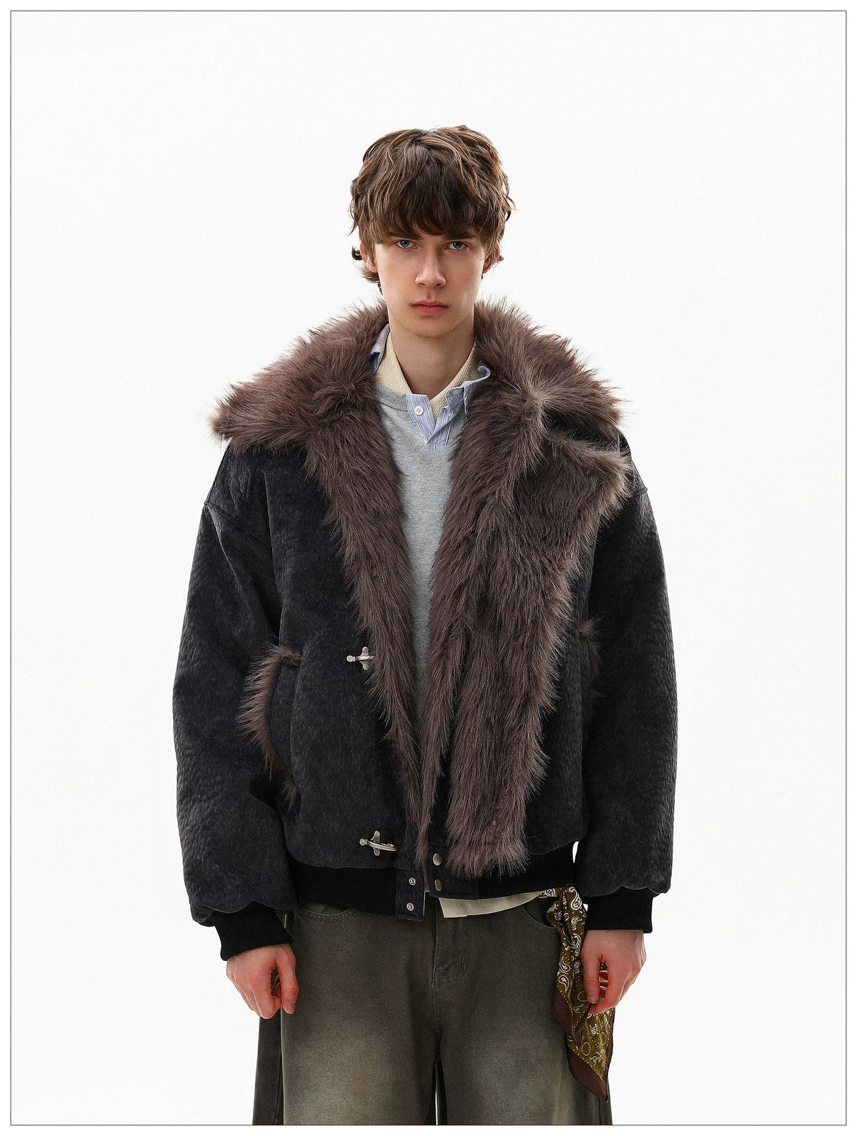 Gothic Fur-Lined Fireman Buckle Bomber Jacket
