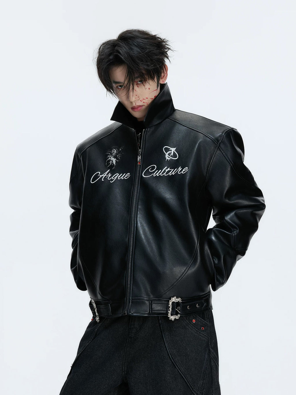 Embroidered Horse Back Leather Moto Jacket