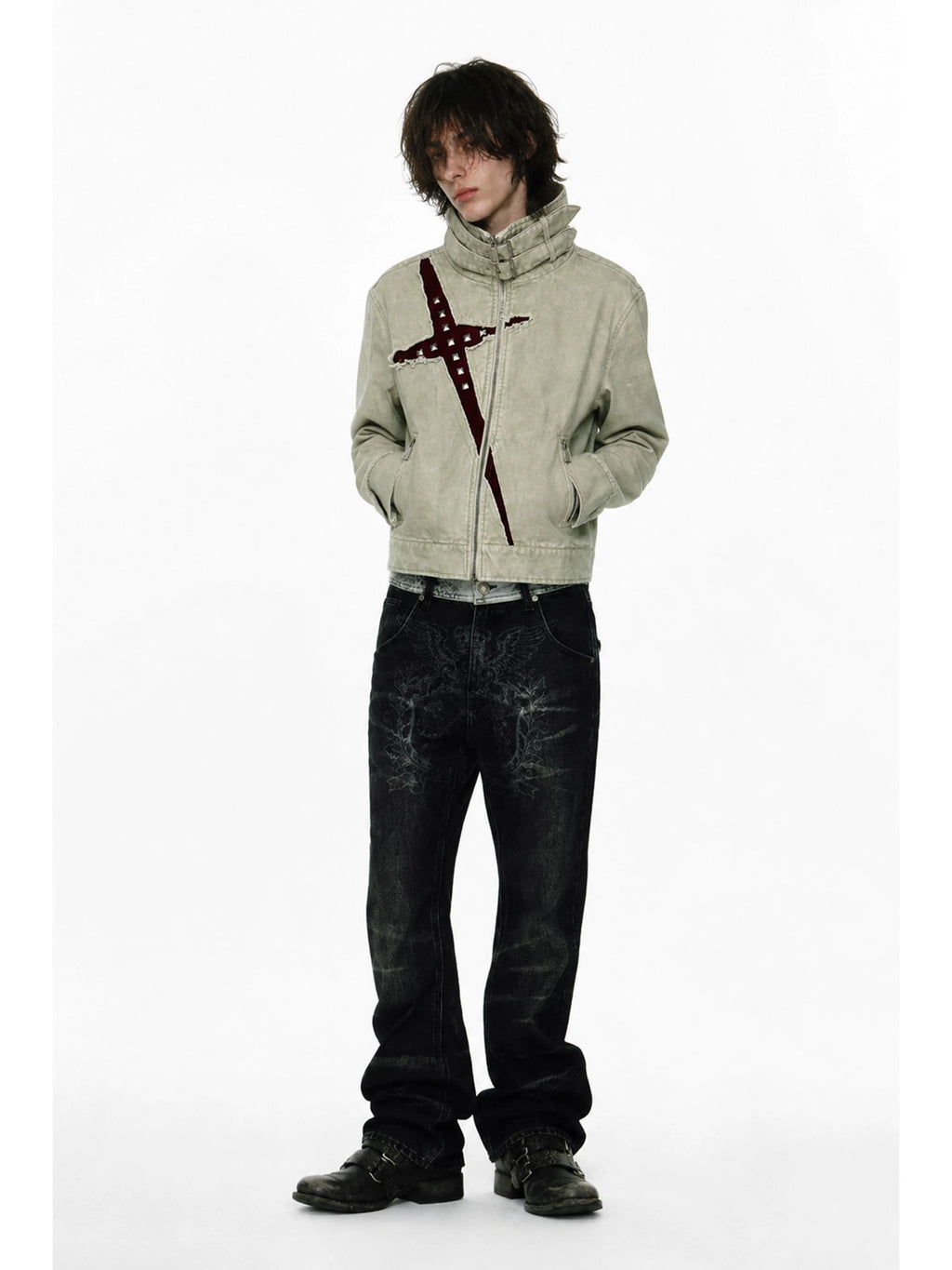 Y2K Gothic Buckled Funnel-Neck Studded Slash Jacket