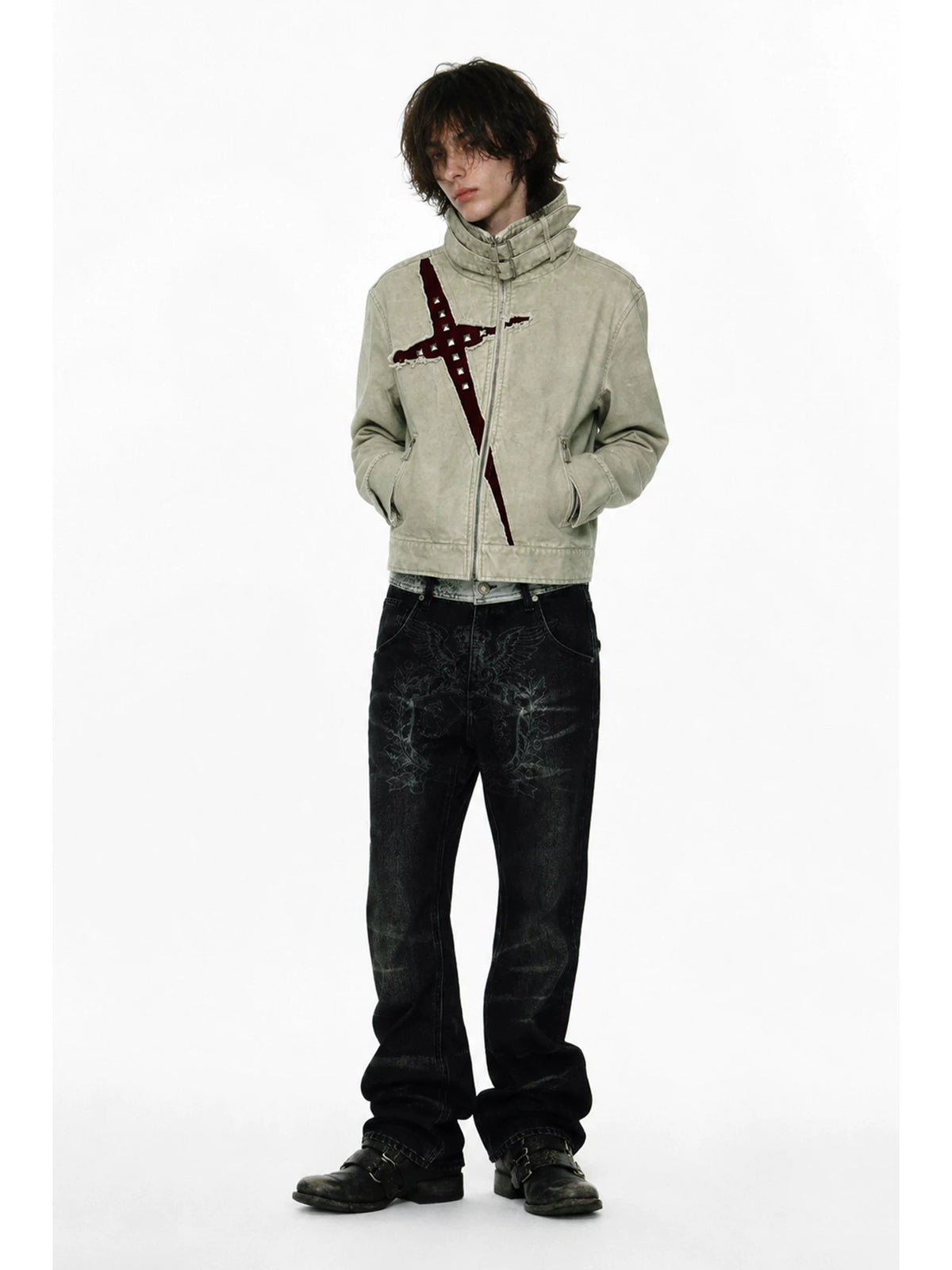 Y2K Gothic Buckled Funnel-Neck Studded Slash Jacket